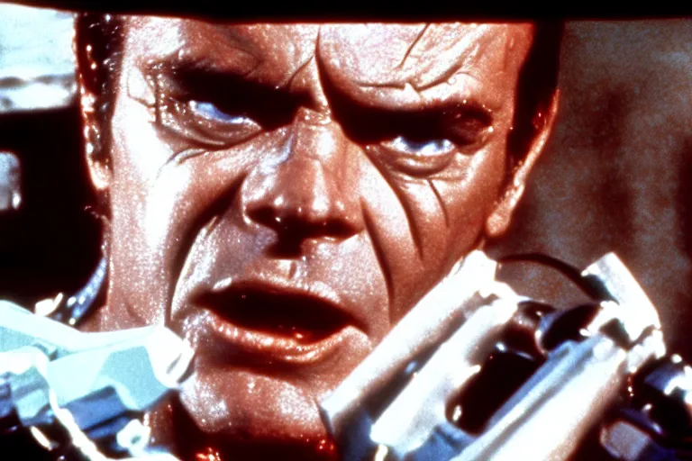 Image similar to Jack Nicholson plays Terminator, his one yes glow red, scene where his endoskeleton gets exposed, still from the film