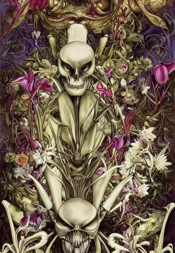 Prompt: simplicity, elegant, white skulls, colorful muscular robot, botany, orchids, lilies, bracts, radiating, mandala, psychedelic, garden environment, shadows, by h. r. giger and esao andrews and maria sibylla merian eugene delacroix, gustave dore, thomas moran, pop art, biomechanical xenomorph, art nouveau