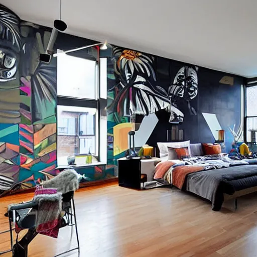 Prompt: trendy loft with modern murals on the wall, contemporary art and patterns, interior design, attractive architecture