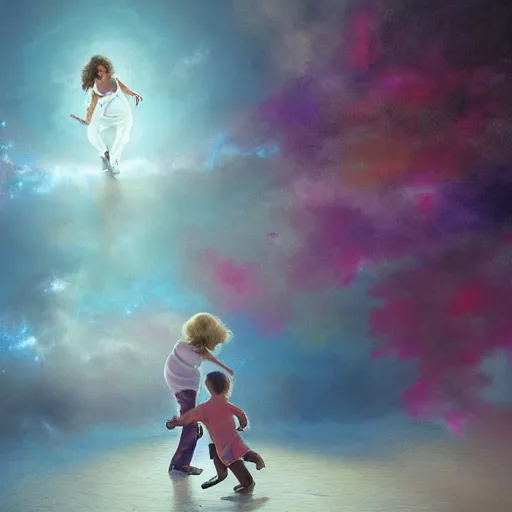 Image similar to Michal jackson dancing with a little kid in heaven, cinematic, beautiful digital painting, hyper detailed