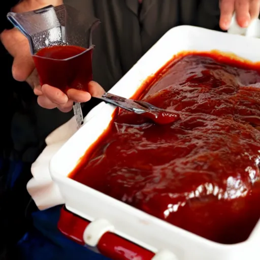 Image similar to john candy floating in pool of bbq sauce, holding up drink of bbq sauce, beckoning camera, drink rested on belly, bbq sauce heaven