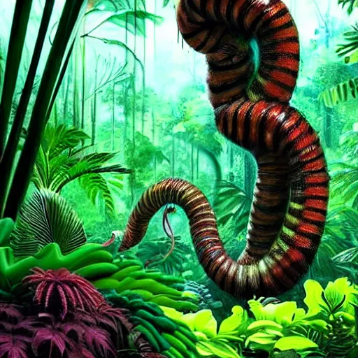 Image similar to « a group of people lost in a detailed jungle with luminescent plants and beautiful tall trees, but there is a giant worm that is hidding »