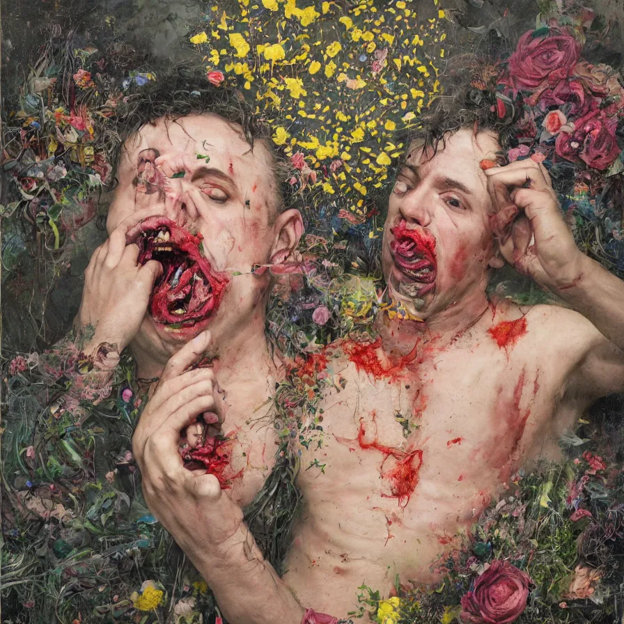 Image similar to male portrait of todd solondz eating rotten flesh and puking blood wearing a thong, surrounded by flowers by francis bacon, karol bak, james jean, tom bagshaw, rococo, trending on artstation, cinematic lighting, hyper realism, dramatic, emotional, octane render, 8 k, hyper detailed.