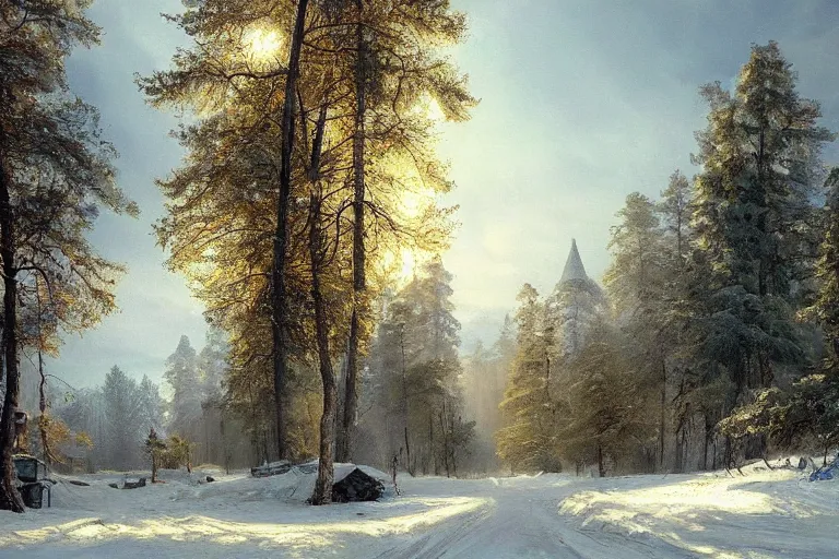 Image similar to A beautiful painting of russian village in dark forest by ivan shishkin and arkhip kuindji, trending on artstation,matte painting