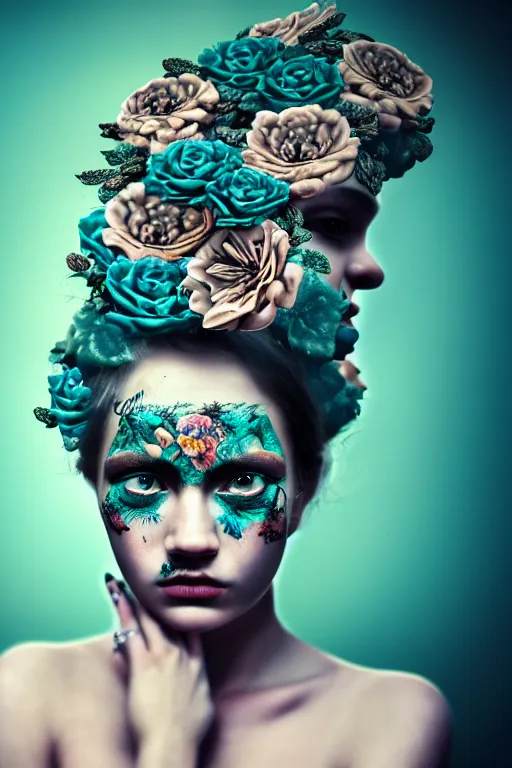 Prompt: neo-surrealist hyper detailed close-up portrait of woman covered in rococo flower tattoos matte painting concept art key sage very dramatic dark teal lighting low angle hd 35mm shallow depth of field 8k