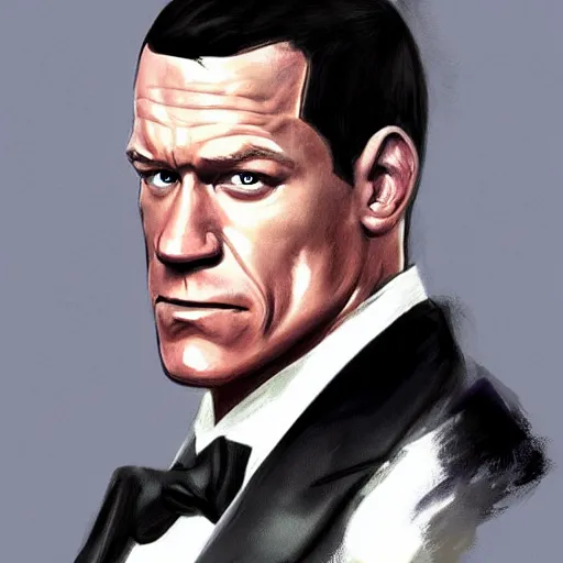 Image similar to john cena wearing a tuxedo, portrait, highly detailed, digital painting, artstation, concept art, sharp focus, illustration, art by artgerm and greg rutkowski and alphonse mucha