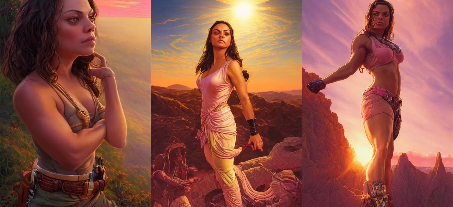 Prompt: Mila Kunis, epic portrait of a very strong muscled Amazon heroine, sun beams across sky, pink golden hour, intricate, elegance, highly detailed, shallow depth of field, epic vista, concept art, art by Artgerm and Donato Giancola, Joseph Christian Leyendecker