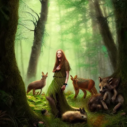 Image similar to a female woodland druid surrounded by forest animals, in the woods, hyper realistic, digital painting, photorealistic, in the style of greg rutkowski, detailed face