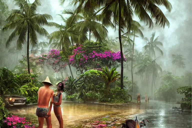 Image similar to ultra realistic illustration, photo, monsoon on tropical island, ornate, beautiful, atmosphere, vibe, mist, coconuts, rain, wet, pristine, puddles, melting, dripping, creek, bridge, forest, roses, flowers, by stanley artgerm lau, thomas kindkade, art gta 5 cover