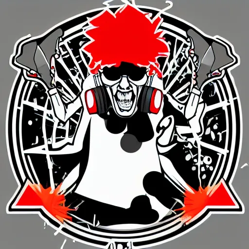 Image similar to svg vector sticker of absolutely insane-mad-scientist-villain, rocking out, wearing headphones, huge speakers, dancing, rave, DJ, spinning records, digital art, amazing composition, rule-of-thirds, award-winning, trending on artstation, featured on deviantart