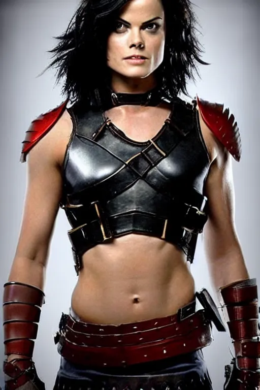 Image similar to realistic photograph. female warrior, 2 7 years old. jaimie alexander. her hair is short, straight, raven - black. fair - complected but tan. tall and gracile, except for her thick ripped vascular buff muscular arms and her ample bust. she wears sleeveless modest practical red & black leather armor with golden highlights that leaves only her muscular arms exposed.
