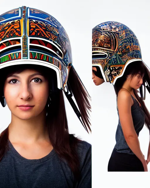 Image similar to centered medium shot fine studio photograph of a beautiful girl wearing only a mecha electronic native American indian helmet with bright lights, ultra-realistic, white background, 8k HDR sunset lit, intricate