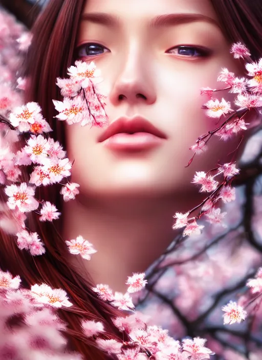 Image similar to photo of a gorgeous female in the style of stefan kostic, realistic, half body shot, sharp focus, 8 k high definition, insanely detailed, intricate, elegant, art by stanley lau and artgerm, extreme blur cherry blossoms