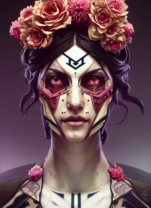 Image similar to symmetry!! portrait of floral! borderlands 3 psycho, intricate, elegant, highly detailed, digital painting, artstation, concept art, smooth, sharp focus, illustration, art by artgerm and greg rutkowski and alphonse mucha, 8 k