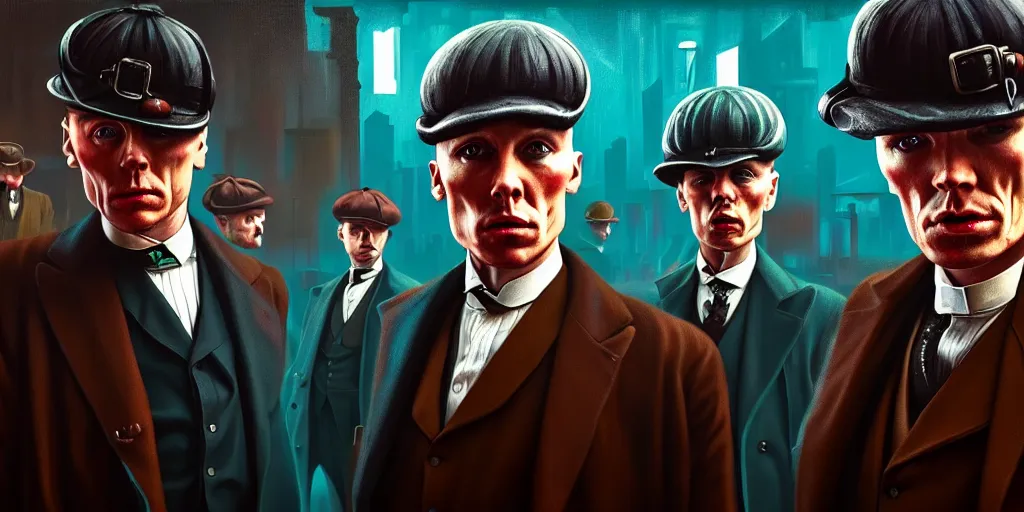 Image similar to Peaky Blinders, in Cyber Punk 2077, in a surreal cyberpunk! style, oil on canvas, 4K highly detailed face