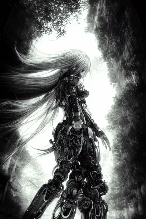 Image similar to a vertical portrait of a character in a scenic environment by Yoshitaka Amano, black and white, dreamy, cybernetic armor, wavy long black hair, highly detailed