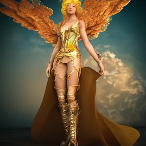 Image similar to pretty blond steampunk angel surrounded by lava, 8 k, shallow depth of field, 8 k, ultra high detail, concept art,