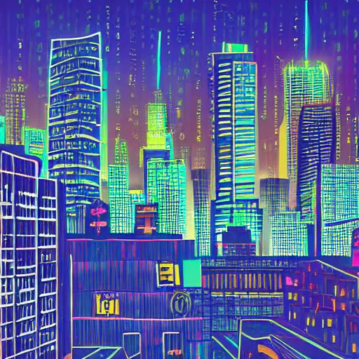 Prompt: A cat observing a neon city from the roof of a building at night, digital art