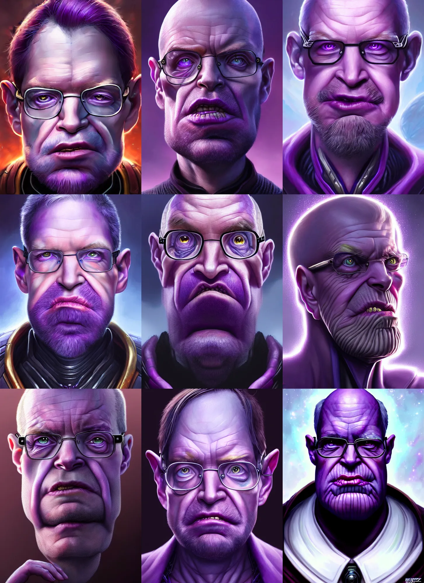 Prompt: a fantasy style portrait painting a character if stephen hawking and thanos had a son, purple skin, powerful chin, thanos style traits, painting, unreal 5, daz., rpg, portrait, extremely detailed, artgerm greg rutkowski _ greg
