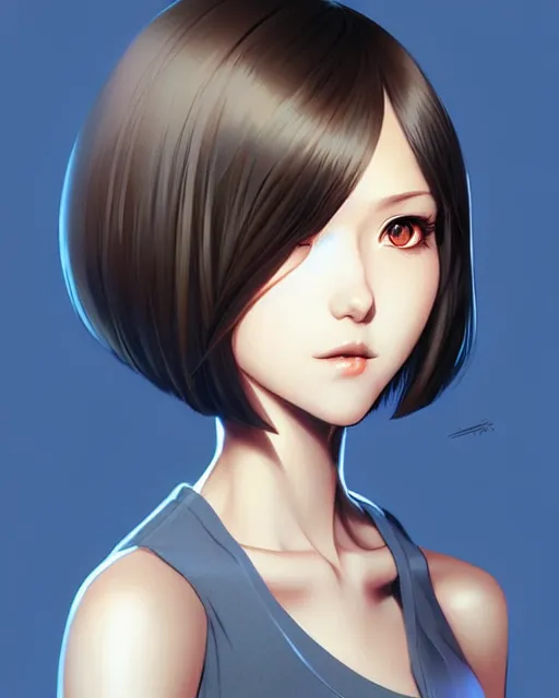 Image similar to a female student with a bob cut hair style. beautiful shadowing. art by Artgerm and Range Murata.