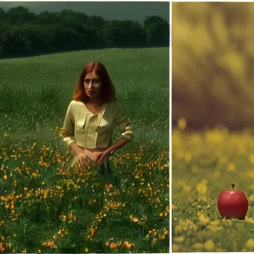 Image similar to a 1 9 7 7 beautiful woman and a 3 d rendering of an anthropomorphic apple in a meadow, color film still 1 9 7 7, tarkovsky