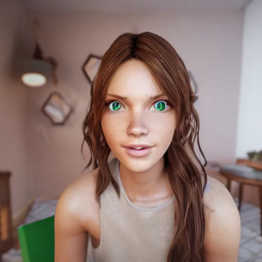 Image similar to Render of April, a cute 3D young woman, bronze brown hair, full round face, green eyes, light tan skin cute freckles, light blush, smiling softly, wearing casual clothing, interior lighting, cozy living room background, medium shot, mid-shot, hyperdetailed, trending on Artstation, Unreal Engine 4k