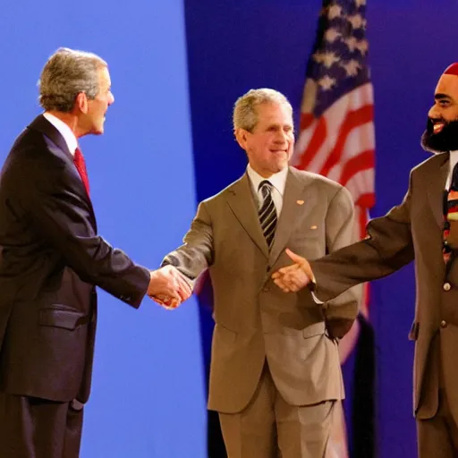 Image similar to george w bush shaking hands with osama bin laden, 8k cinematic lighting, very sharp detail, anatomically correct