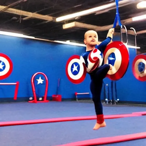 Prompt: captain america on gymnastic class