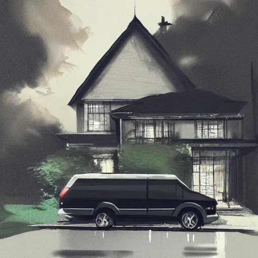 Image similar to a black van parked in front of an expensive modern house in a nice neighborhood, dramatic lighting, illustration by Greg rutkowski, yoji shinkawa, 4k, digital art, concept art, trending on artstation