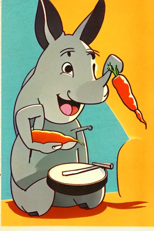 Prompt: by richard scarry. happy donkey eating a carrot. a 1 9 5 0 s retro illustration. studio ghibli. muted colors, detailed