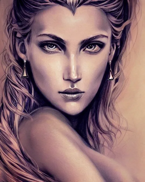 Image similar to tattoo sketch of beautiful greek goddess aphrodite with arrow earrings, beautiful piercing eyes, flowing blonde hair, realistic face, hyper realistic, in the style of greg rutkowski, fantasy, amazing detail, epic, intricate, elegant, smooth, sharp focus