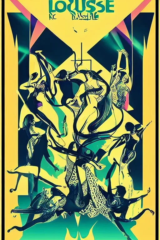 Prompt: “House music rave with dancers, spotlights, very large loudspeakers. Art Nouveau poster”