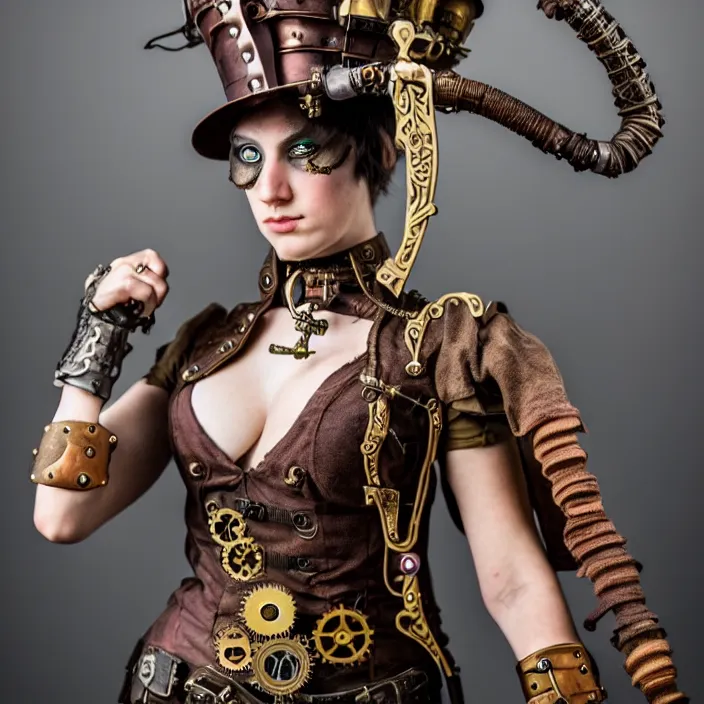 Image similar to full length photograph of a beautiful steampunk warrior. extremely detailed. dslr. 5 0 mm.