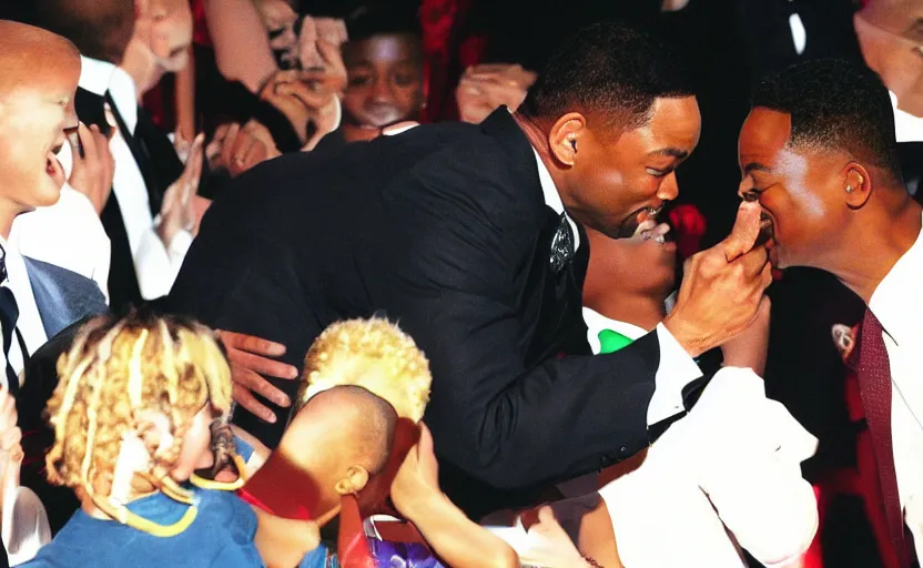 Image similar to a child\'s drawing of Will Smith slapping Chris Rock on stage at the academy awards - H 512