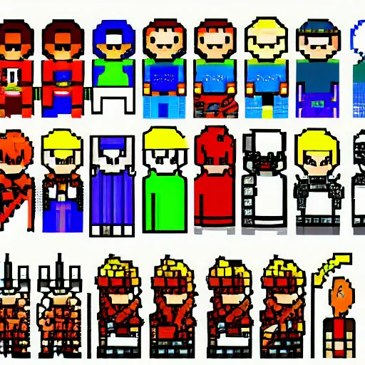 Prompt: pixel, 16bit, sprite, sprite sheet, female knight, blonde hair, blue eyes, super nintendo,