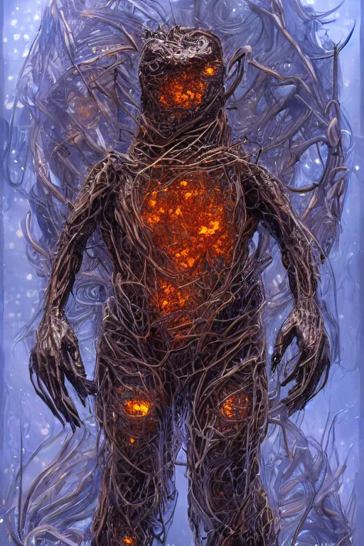 Prompt: a humanoid monster encased in a clump of amber, symmetrical, highly detailed, digital art, sharp focus, trending on art station