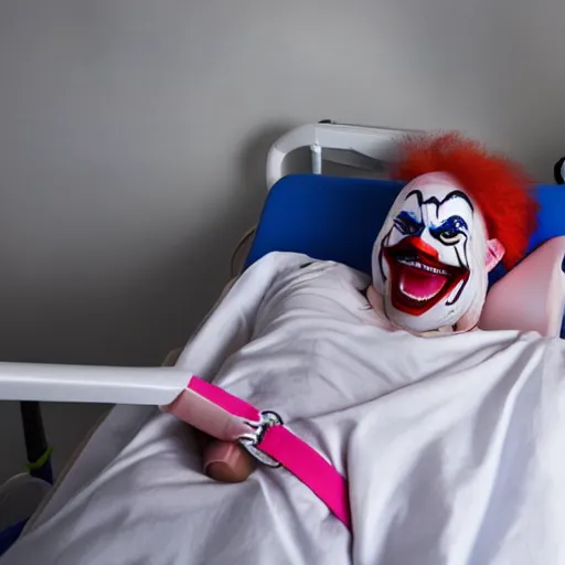 Image similar to confused laughing clown lying in hospital bed with wrist restraints on, restraint fabric straps attached to hospital bed, photograph, 8 k