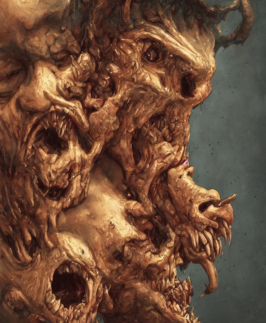 Image similar to bust portrait close up devil holding skull on hand, illustrated by Simon Stålenhag and Gaston Bussiere, intricate, ultra detailed, photorealistic, trending on artstation