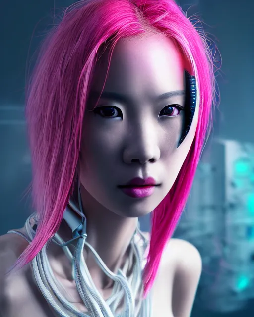 Image similar to portrait of a beautiful asian woman with pink hair as a cyberpunk cyborg half robot, skin open to reveal wires and electronics, sci - fi, missing panels, intricate abstract upper body intricate artwork, concept art, octane render, deviantart, cinematic, key art, hyperrealism, iridescent accents, portrait photograph, nikon 3 5 mm, photograph by greg rutkowski