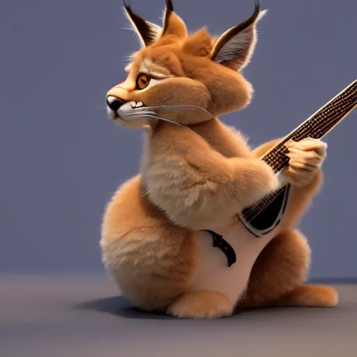 Image similar to cute fluffy caracal playing fluffy guitar, fully detailed, high quality , 4k , octane render , soft light , masterpiece