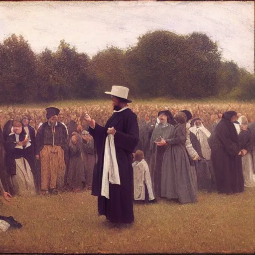 Image similar to a puritan priest preaching to some people in a field, 1 8 9 0 s, by francis davis millet