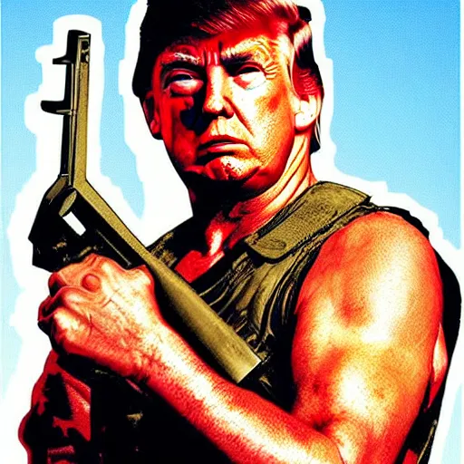 Image similar to trump as rambo, movie poster, digital art, drew struzan