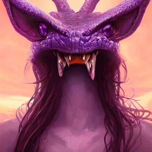 Prompt: a portrait of a violet snake-head, snake head, two fangs, violet theme, epic fantasy digital art, fantasy style art, by Greg Rutkowski, fantasy hearthstone card art style