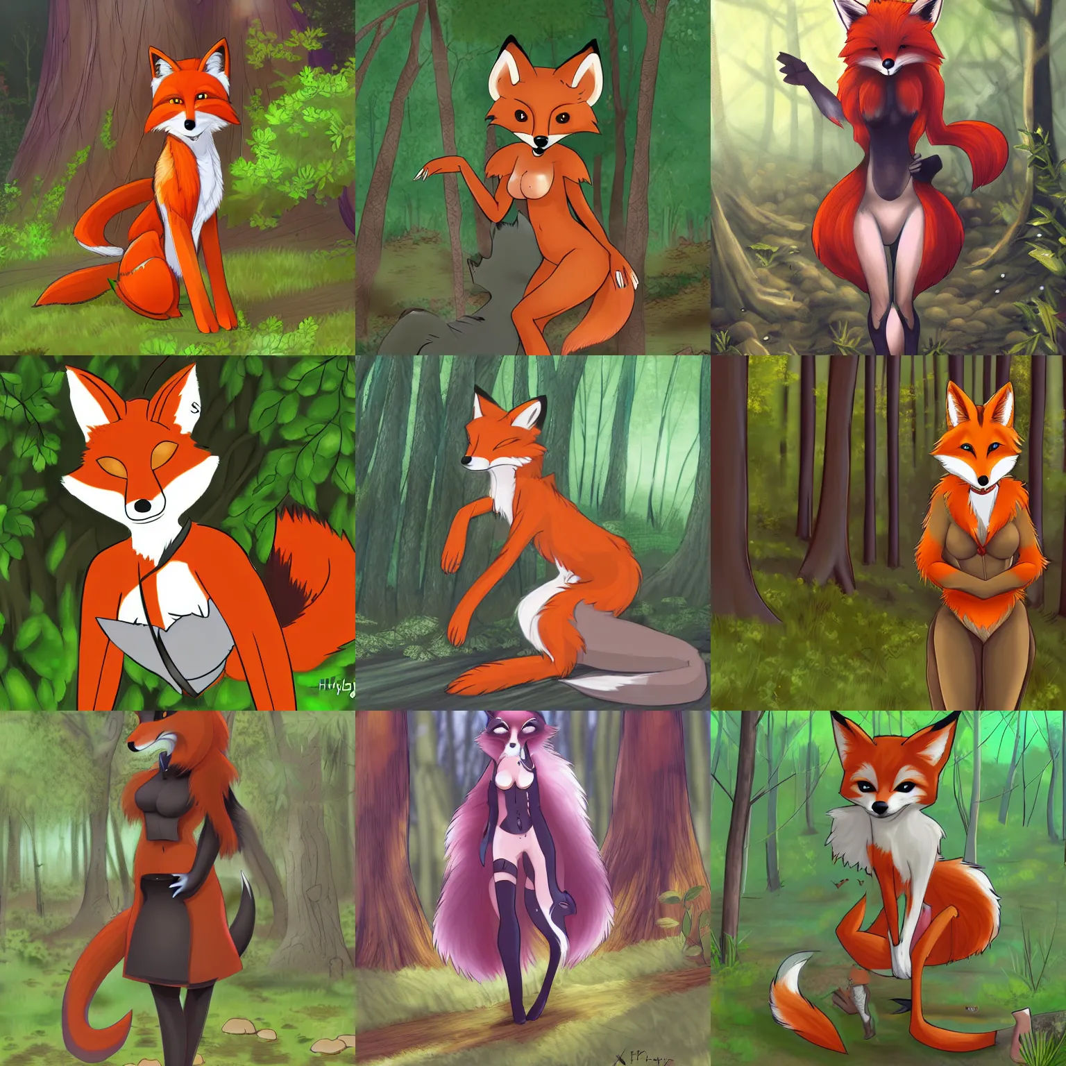 Prompt: female anthro fox standing in a forest, fursona commission, anime, pixiv, hibbary, dark natasha, goldenwolf, furaffinity
