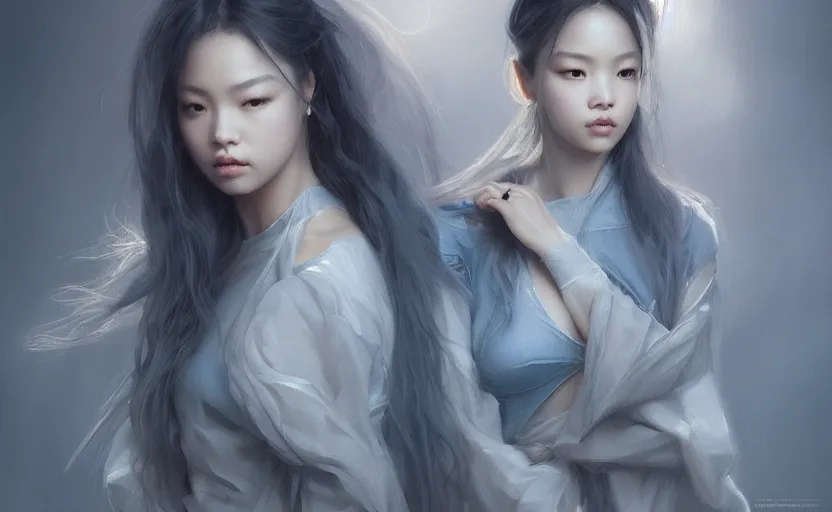 Prompt: blackpink jennie, soft grey and blue natural light, intricate, digital painting, artstation, concept art, smooth, sharp focus, illustration, art by greg rutkowski and luis rollo and uang guangjian and gil elvgren, symmetry!