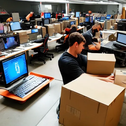 Prompt: a photograph of many video game developers working hard to ship a game