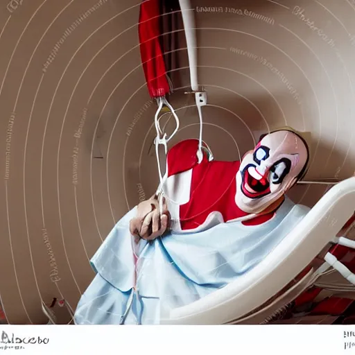 Image similar to confused laughing clown lying in hospital bed with wrist restraints on, restraints have fabric straps attached to hospital bed, photograph, 8 k