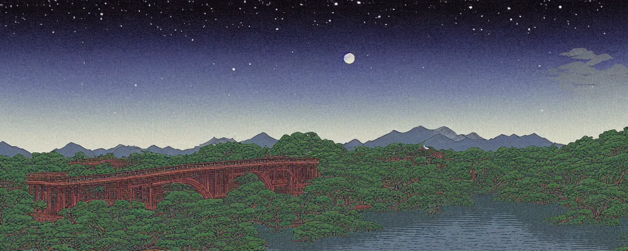 Prompt: landscape artwork of multiple large interconnected castles,moat,bridge,mountains,digital art,night sky,by Kawase Hasui masterpiece,high quality,pretty,fantasy,impossible