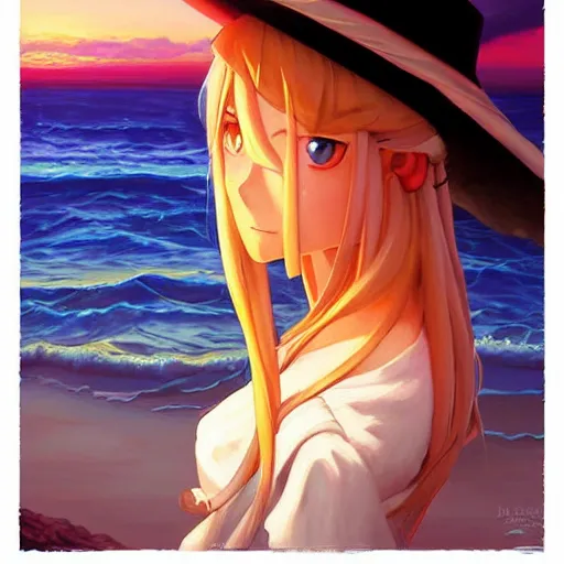 Prompt: Classical oil painting of Kirisame Marisa at sunset looking at the sea by Dan Mumford, beautiful anime portrait, official artwork, stylistic, Touhou character, brush strokes, oil, canvas