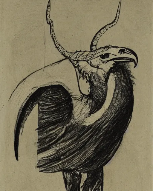 Image similar to a creature with the body and eyes of a man, with the beak of an eagle and the horns of an ox. drawn by francis bacon